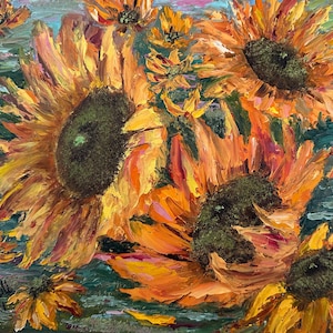 Bright Sunflowers – Textured Oil Painting | Palette Knife Floral Canvas 8x12 In/20x30 cm
