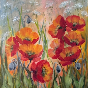 Mini tableau texturé « Coquelicots dans le champ » 3D Fleurs à l'huile sur panneau/Coquelicots rouges et fleurs sauvages blanches / 24 x 18 cm/10 x 8 po.