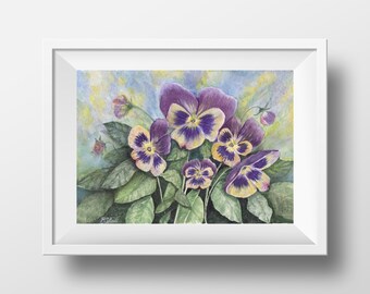 紫蘭の水彩画：オリジナル植物アート（7x10インチ） - Etsy 日本