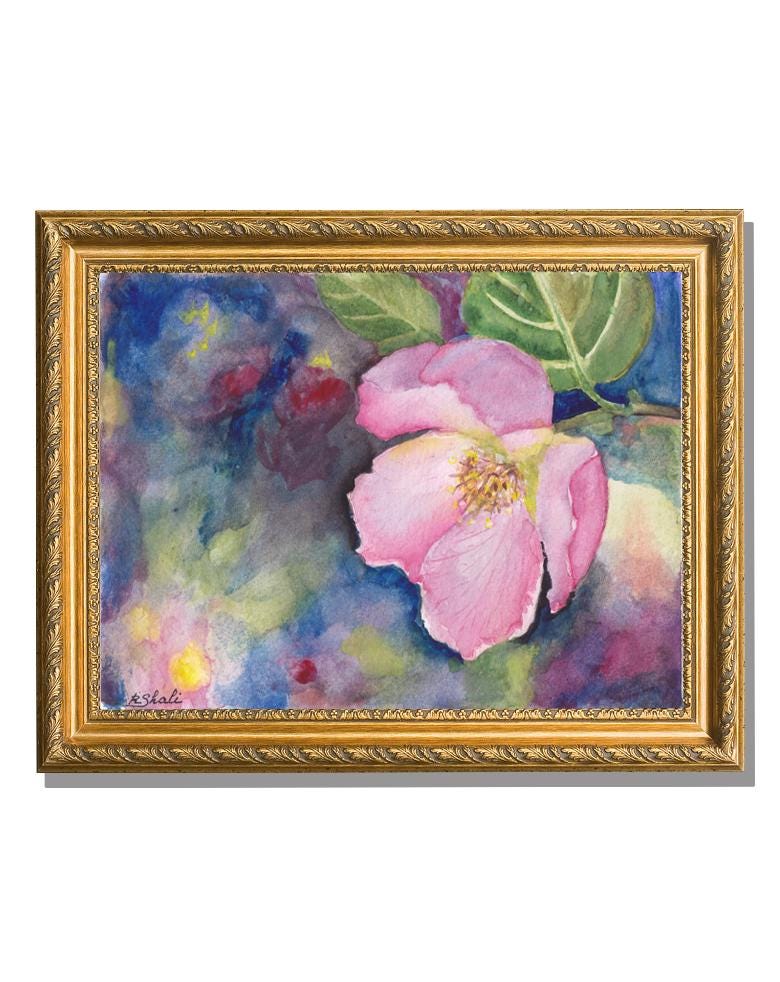 マルメロの花の水彩画：オリジナルの植物アート、鮮やかな花の装飾