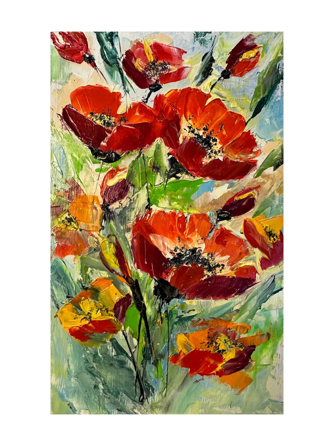 Red Poppy Bouquet Original Oil Painting Impressionism Impasto Small Art ...