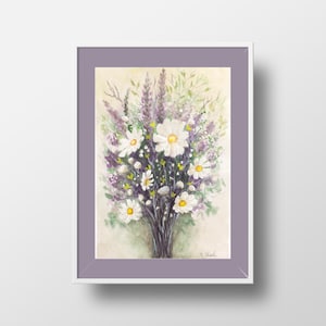 Bouquet di margherite e fiori di campo - Acquerello originale/Arte botanica su carta di cotone/25 x 18 cm
