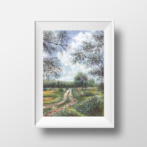 Dipinto ad acquerello, paesaggio rurale "Estate" 10x7 pollici/Arte murale di strada di campagna/Opera d'arte originale di campagna