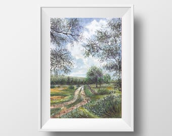 田園風景、夏の抱擁、自然のハーモニー。オリジナル水彩画 - Etsy 日本