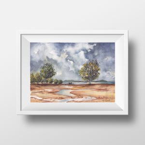 Paesaggio fluviale "Nuvole di pioggia" Decorazione murale con paesaggio costiero ad acquerello 7x10 pollici/Opera d'arte originale con paesaggio marino/Miglior regalo per lei/lui