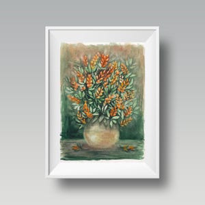 Ramo de flores silvestres anaranjadas/Acuarela/Ramo/Jarrón/Naturaleza muerta/Hojas verdes/18 x 25 cm/Decoración botánica/Arte floral original