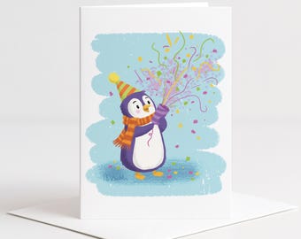 Penguin Birthday Card, Whimsical Hand Drawn Party Animal Greeting, Confetti Celebration (A2)