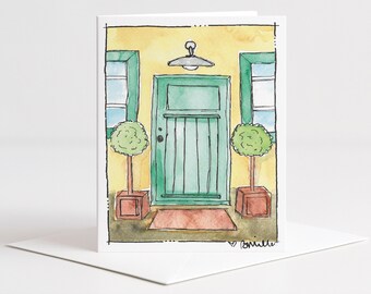Watercolor Door Greeting Card, Hand Drawn Front Door Art Card, New Home Card, Housewarming Card A2 with Envelope