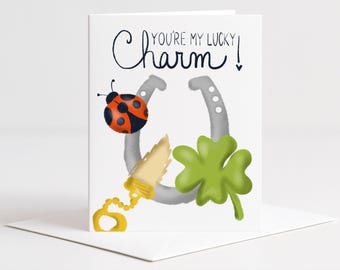 Lucky Charm Greeting Card, You’re My Lucky Charm Card, Hand Drawn Love Card, Cute Romantic Card A2 with Envelope