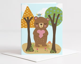 Cute Bear Love Card, Woodland Animal, Hand Drawn, Thinking of You, Sweet Bear Card A2 with Envelope and Coordinating Seal