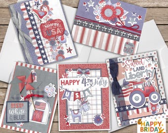 4th of July Card Making Kit – DIY Red White & Blue Greeting Cards | Patriotic Yankee Doodle Craft Kit | Makes 5 A2 Cards