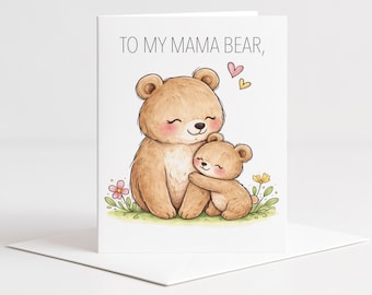 Mama Bear Mother’s Day Card, Hand Drawn Bear Mom Card, Cute Mom and Baby Bear Card, Mothers Day Card A2 with Envelope
