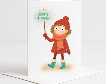 Whimsical Hand Drawn Winter Birthday Card, Cozy Girl Illustration, Happy Birthday Greeting (A2)