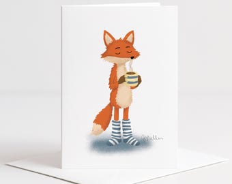 Cute Fox Coffee Card, Cozy Animal Greeting Card, Calm vs Chaos Card, Funny Relatable Card, Whimsical Hand Drawn Card