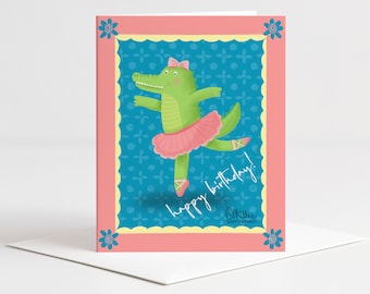 Ballerina Alligator Birthday Card, Cute Ballet Animal, Hand Drawn, Twirly Birthday, A2 with Envelope and Coordinating Envelope Seal Sticker