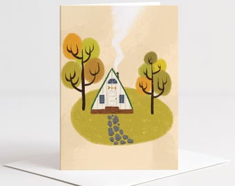 Cozy Cabin Card, A Frame House Card, Nature Greeting Card, Thinking of You Card, Whimsical Landscape Card