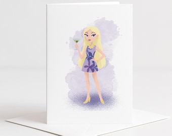 Cheers Birthday Card, Girlfriend Birthday Card, Cocktail Card, Stylish Woman Card, Fun Birthday Card, Hand Drawn Card (A2)