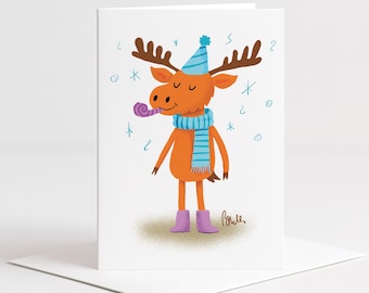 Moose Birthday Card, Hand Drawn Party Animal Greeting, Whimsical Illustration (A2 Size)
