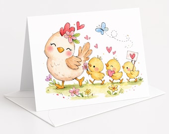 Funny Mother’s Day Chicken Card, Hand Drawn Mom and Baby Chicks Card, Cute Mom Card, Mothers Day Card A2 with Envelope