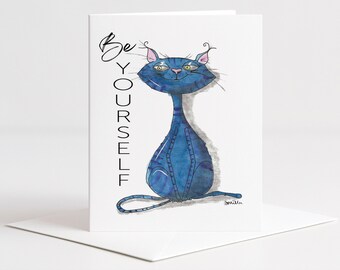 Fabulous Cat Greeting Card, Hand Drawn Blue Cat Card, Funny Cute Cat Card, Because You’re Fabulous Card A2 with Envelope