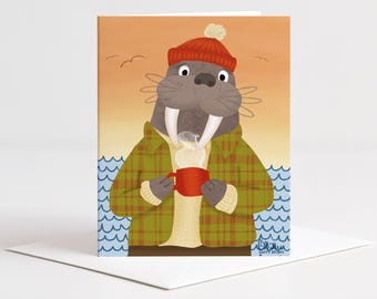 Cute Walrus Greeting Card, good for Birthday, Cozy Coffee Greeting, Hand Drawn, Warm Wishes Card A2 with Envelope and Coordinating Seal