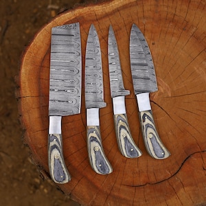 Handmade Damascus Steel Chef Knife Set, Premium Kitchen Knives with Pakka Wood Handles, Unique Custom Knives for Gifts, Weddings,