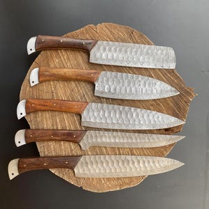 Personalized Kitchen Knife Set of 5 BBQ, Chef&#39;s Knife Set, Damascus Set, Birthday, Anniversary Gift, Groomsmen Gift, Christmas Gift, Knives