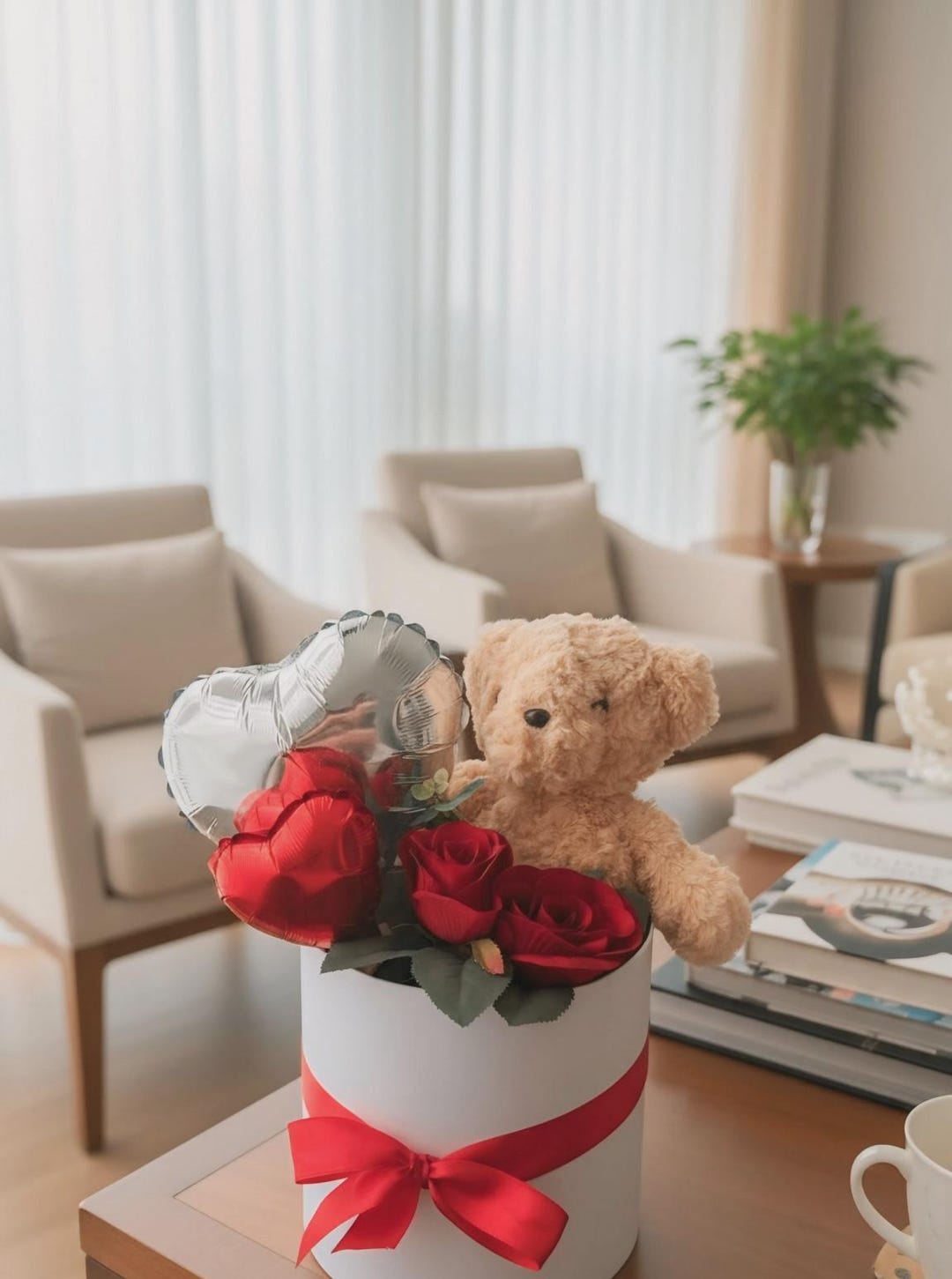 Teddy Bear & Red Rose Flower Box – Romantic Gift With Heart Balloons - Etsy