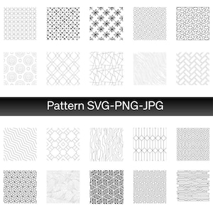 Puede incluir: Una colección de 16 patrones geométricos en blanco y negro. Los patrones incluyen varias formas como hexágonos, círculos y líneas. El texto "Pattern SVG-PNG-JPG" se muestra en una pancarta negra.