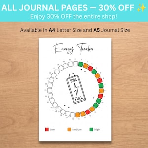 Può includere: Una pagina di diario stampabile per il monitoraggio dell'energia con un'icona della batteria centrale etichettata 100% FULL e un tracker circolare con 31 segmenti numerati. Una legenda in basso indica i livelli basso, medio e alto in rosso, arancione e verde.