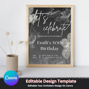 Editable Canva Let&#39;s Celebrate Invitation Template, Editable Surprise Birthday Party Invite, Anniversary Invites, BlacK Digital Invite
