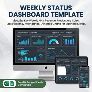 Peut inclure: Un modèle de tableau de bord numérique affiché sur un écran d'ordinateur, une tablette et un smartphone. Le tableau de bord visualise les principaux indicateurs de performance hebdomadaires, y compris les revenus, la production, les ventes et la fréquentation. Le texte "WEEKLY STATUS DASHBOARD TEMPLATE" est en haut. Compatible avec Excel et Google Sheets.