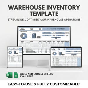 Puede incluir: Una plantilla digital de inventario de almacén que se muestra en una computadora de escritorio, una tableta y una computadora portátil. La plantilla incluye tablas de datos y gráficos. El texto de la imagen dice "WAREHOUSE INVENTORY TEMPLATE" y "EASY-TO-USE & FULLY CUSTOMIZABLE!"
