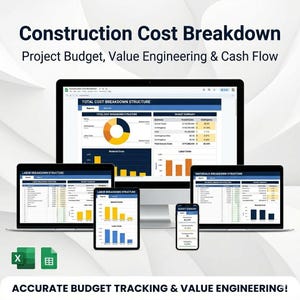May include: A digital display of a construction cost breakdown, project budget, and cash flow analysis. The image shows multiple devices, including a desktop computer, laptops, tablets, and a smartphone, all displaying financial data. The text reads "Construction Cost Breakdown" and "Accurate Budget Tracking & Value Engineering!"