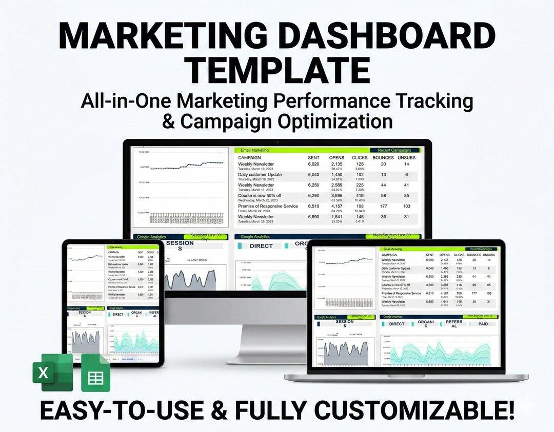 Digital Marketing Dashboard Excel & Google Sheets | KPI Tracker SEO PPC ...