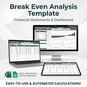 May include: A digital financial template displayed on a laptop, desktop monitor, and tablet. The screens show financial statements and a dashboard with charts and data. Text on the image reads "Break Even Analysis Template" and "Financial Statements & Dashboard."