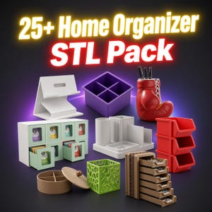 May include: A collection of 3D printable home organizers including a white phone stand, a purple square bin, a red boxing glove pen holder, a green tea bag drawer unit, a white desk organizer, a red stackable bin, a tan round box, and a brown mini chest.
