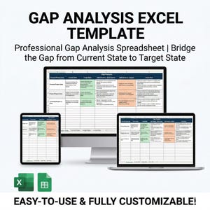 Può includere: Immagine di un modello Excel per l'analisi del divario. L'immagine mostra un foglio di calcolo su un monitor desktop, un tablet e un laptop. Il testo include "GAP ANALYSIS EXCEL TEMPLATE" e "Professional Gap Analysis Spreadsheet". Il prodotto è "EASY-TO-USE & FULLY CUSTOMIZABLE!"