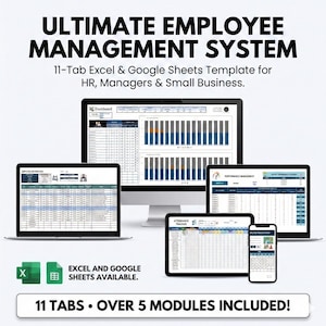 May include: An advertisement for an Ultimate Employee Management System. The image shows a computer, laptop, tablet, and smartphone displaying Excel and Google Sheets templates. Text includes "11 Tabs • Over 5 Modules Included!"