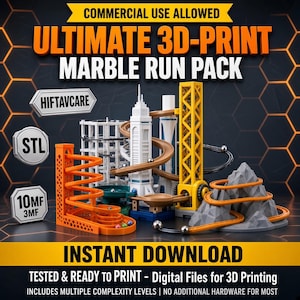 Puede incluir: Un set de pista de canicas impreso en 3D con pistas en espiral naranjas, una torre amarilla, un rascacielos blanco y una base de montaña gris. El texto incluye "COMMERCIAL USE ALLOWED", "ULTIMATE 3D-PRINT MARBLE RUN PACK", "HIFTAVCARE", "STL", "10MF 3MF" e "INSTANT DOWNLOAD".
