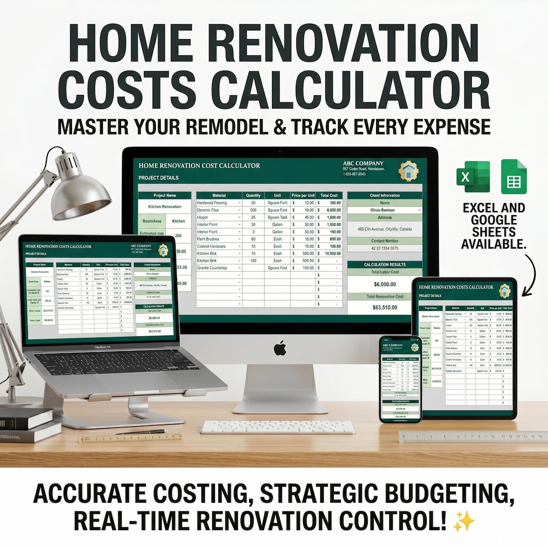 Home Renovation Costs Calculator Excel & Google Sheets | Room-by-room ...