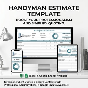 May include: A digital display of a handyman estimate template on a computer monitor, tablet, and smartphone. The screens show a service list, estimated hours, and total costs. The text reads "Handyman Estimate Template" and "Boost Your Professionalism and Simplify Quoting."