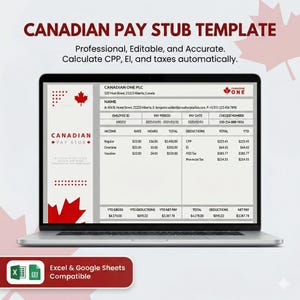 Può includere: Uno schermo di un laptop mostra un modello di busta paga canadese. Il testo "CANADIAN PAY STUB TEMPLATE" è in alto, con dettagli come reddito, tariffa, ore e detrazioni. Compatibile con Excel e Google Sheets.