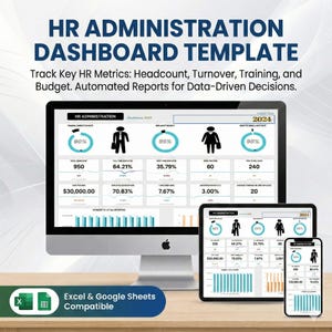 Op de afbeelding: Een digitaal HR-administratie dashboard template weergegeven op een desktopcomputer, tablet en smartphone. Het dashboard volgt belangrijke HR-metrics, waaronder headcount, turnover en budget. De tekst "Excel & Google Sheets Compatible" is ook zichtbaar.
