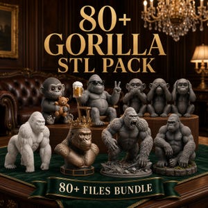 Puede incluir: Una colección digital de más de 80 archivos STL de gorilas con varios modelos 3D, incluyendo un gorila con un osito de peluche, un gorila con gafas de sol y una cerveza, los tres monos sabios, un busto de gorila coronado y varios gorilas.