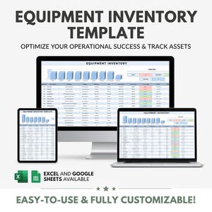 Puede incluir: Una plantilla de inventario de equipos que se muestra en una computadora de escritorio, una tableta y una computadora portátil. El texto dice "Equipment Inventory Template" y "Optimice su éxito operativo y rastree activos".