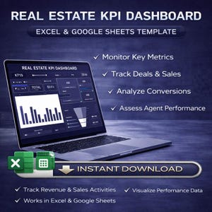 Op de afbeelding: Een laptop met een real estate KPI-dashboard, met de tekst "REAL ESTATE KPI DASHBOARD" en "EXCEL & GOOGLE SHEETS TEMPLATE". De afbeelding bevat Excel- en Google Sheets-pictogrammen en de woorden "INSTANT DOWNLOAD".