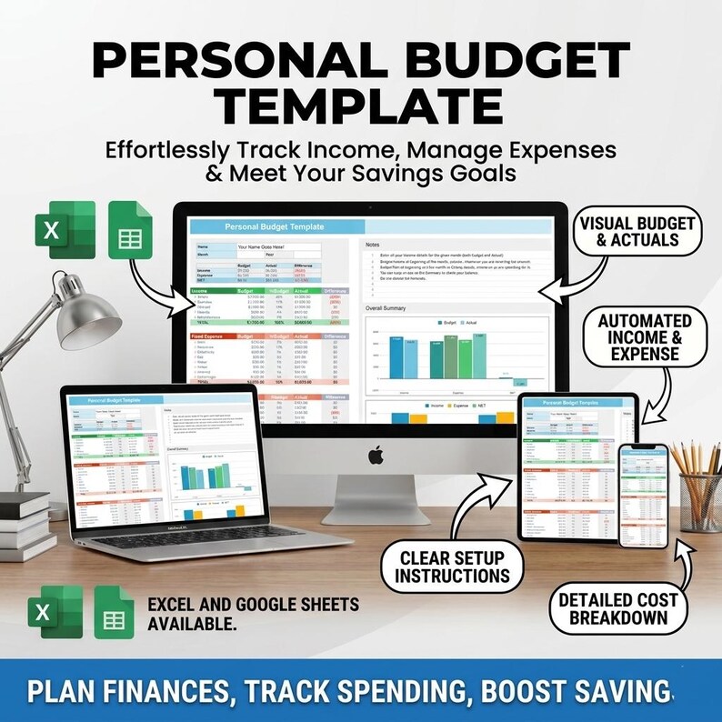 Personal Budget Template Excel & Google Sheets | Monthly Expense ...