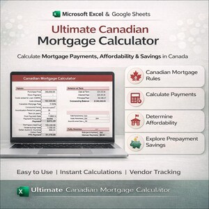 May include: A laptop screen shows the "Ultimate Canadian Mortgage Calculator" interface. The image promotes calculating mortgage payments, affordability, and savings. Icons and text highlight features such as Canadian mortgage rules and prepayment savings.