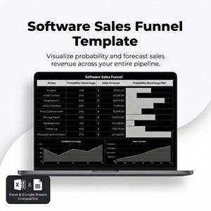 May include: A laptop displays a "Software Sales Funnel Template" with data visualizations. The screen shows sales data, probability percentages, and a bar graph. The text "Excel & Google Sheets Compatible" is also visible.